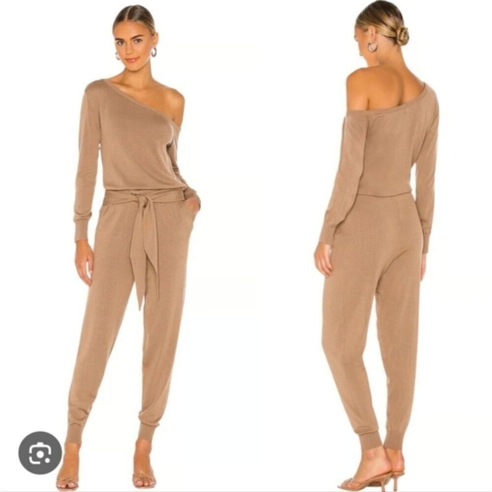 Sezane Style Majorelle Tan Taupe Knit Cold Shoulder Jumpsuit M Cotton Blend